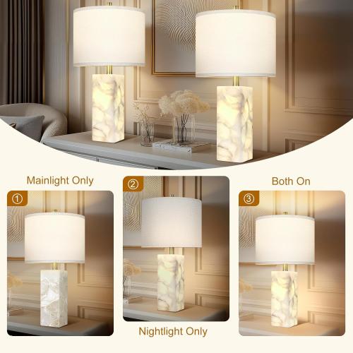 Scenekoy Alabaster Table Lamp Set of 2 with Night Light for Bedroom Living Room, 23 Rotary Switch Bedside Lamp with Linen Shade, Modern Nightstand Lamps for Room Office Dorm (Bulb Included)