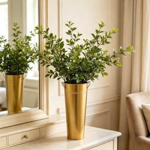 Hosley Set of 2 Gold Metal French Bucket with Handles & PVC Liner, 6 Dia x 15 H for Weddings, Parties, Country Picnics, Floral Arrangements, Tableware Storage, or Gardens - Rustic Farmhouse Décor