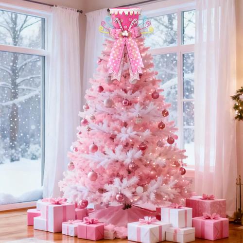 Candy Cane Christmas Tree Topper,Candy Cane Christmas Decorations,Velvet Pink Hat with Peppermint Bows Ribbon Ornaments,Top Hat Christmas Tree Topper for Holiday Xmas Decorations (Pink)