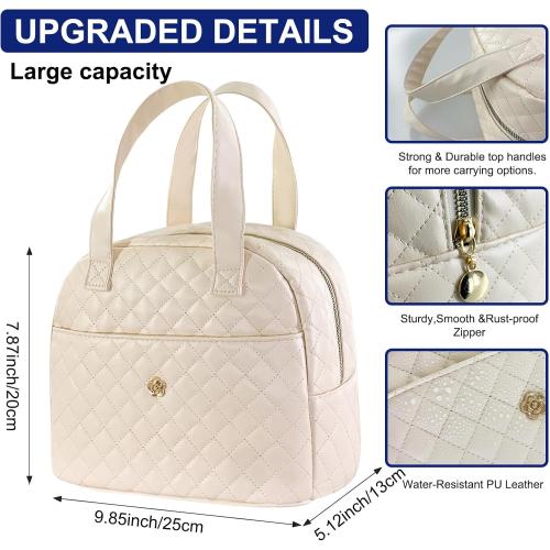 Insulated Lunch Bag for Women Men, PU Leather Lunch Tote Bag for Women Aesthetic Lunch Box Bag Thermal Bento Cooler Bag Sack Food Handbags for Work Office Picnic Travel (Beige)