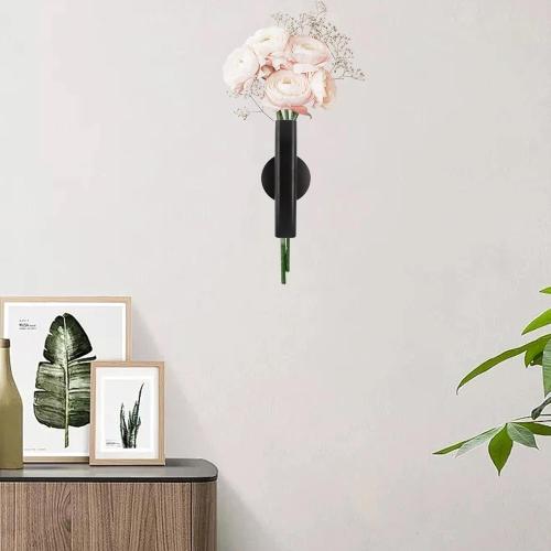 7 Wall-Mounted Flower Tube, Top/Bottom Open Vase, Wall Metal Flower Tube Decoration Holder for Flower Display, Home Office Living Room Bedroom Decoration with Adhesive Material, 2pcs(Black)