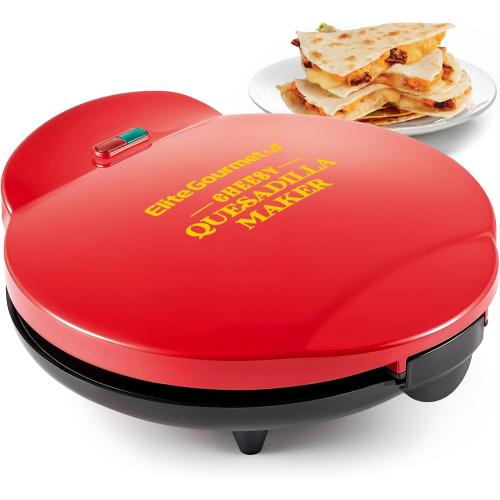 Elite Gourmet 10.65 Cheesy Quesadilla Maker, 2-Position Locking Latch, Red