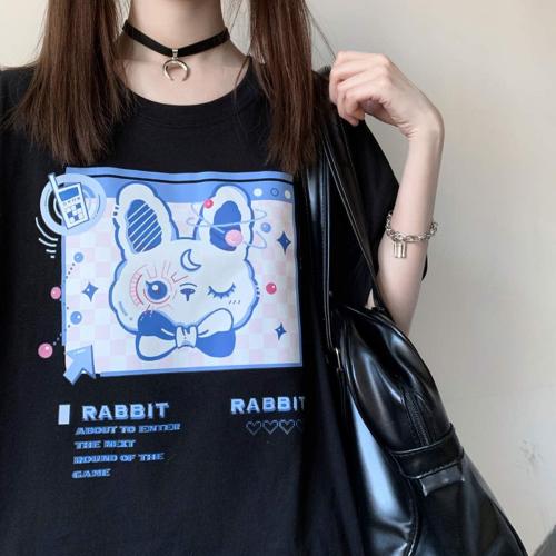 Size 3XL Color Black Japanese Harajuku Pastel Goth Cute Aesthetic Casual Cotton Crewneck Kawaii Cartoon Bunny T-Shirt