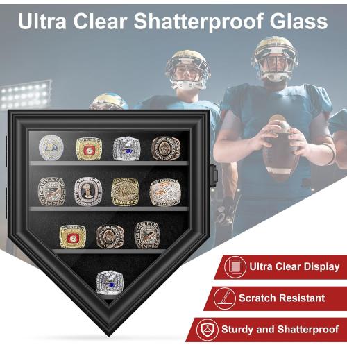 Championship Ring Display Case, 12 Posts Baseball Ring Holder, Lockable Wall Mount Wooden Shadow Box for Multiple Championship Rings