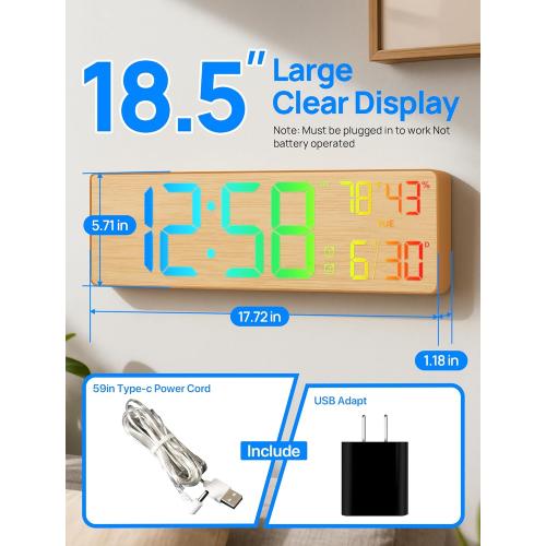 MASHI 18.5 Large Digital Wall Clock with Remote Control, Dual Alarm with Big LED Screen Dispaly,10 Adjustable Brightness, DST, Date Week,Temp for Living Room, Bedroom, Gifts for Elderly (Bamboo)