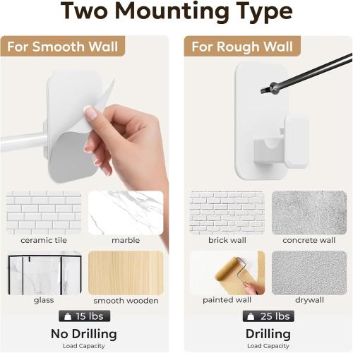 Curtain Rods No Drilling for Windows, 5/8″ No Drill/Adhesive Holder white Curtain Rod Brackets, Renter Friendly Adjustable Drapery Pole Easy Install, white, 32″-72″