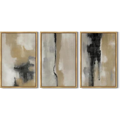 KUVIOKE Black Abstract Framed Wall Art Neutral Graffiti Pastel Minimalist Wall Decor Modern Art Painting for Bedroom Living Room 24x36in (Natural Framed)