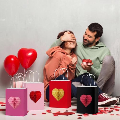 Eaasty 12 Pcs Valentine's Day Gift Bags with 3D Heart Honeycomb Large Galentines Gift Bag with Handle Colorful Kraft Paper Bags Heart Goodie Candy Tote for Valentines Wedding Party Favors Supplies