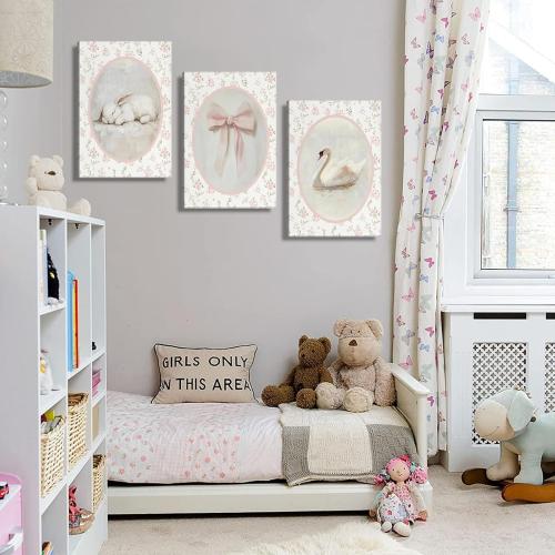3Pcs Pink Vintage Nursery Canvas Wall Art Cute Animal Rabbit Swan Bow Flower Posters Prints Baby Girl Room Picture Wall Decor for Girls Room Bedroom Decorations Ready To Hang
