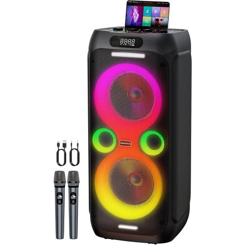 Karaoke Machine for Adults 24 Hour Non-Stop Big Party Speaker Bass Boost w/Double 8 Woofer Portable Bluetooth Speaker, 2 Wireless Microphone, DJ Mode/AC Power/Guitar Input