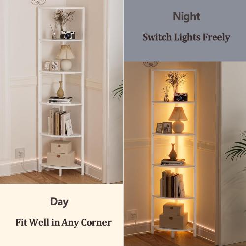 Furnulem 6 Tier Corner Shelf with LED Light, 67.5” Tall Standing Shelf Organizer, White Narrow Bookshelf with Storage Rack for Wall Corner, Living Room, Bedroom, Metal Frame, Wood Display Shelf