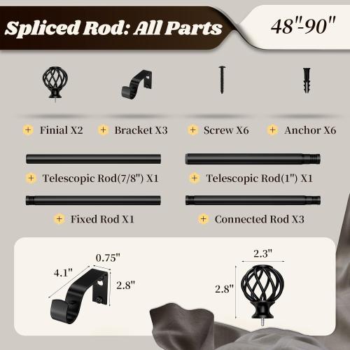 Curtain Rods for Windows 48-90 Inch(4-7.5Ft), Matte Black Decorative Curtain Rod Adjustable, Heavy Duty 1 Inch Drapery Rod for Living Room Bedroom Kitchen