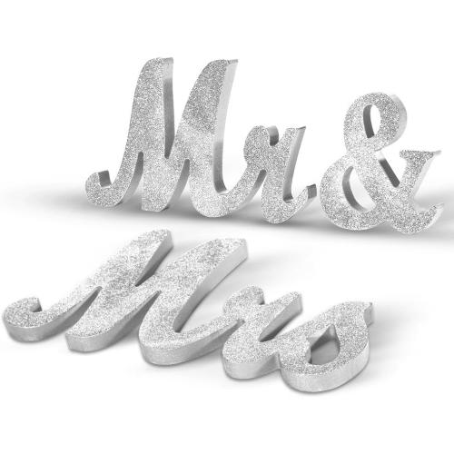 Adeeing Vintage Style Silver Glitter Mr and Mrs Signs for Wedding Sweetheart Table, Wooden Freestanding Letters, Photo Props, Rustic Decoration, Anniversary Shower
