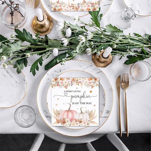 80Pcs Boho Pumpkin Baby Shower Paper Napkins Fall Autumn Thanksgiving Harvest Disposable Napkins Pumpkin Printed Decorative Napkins for Party Supplies Table Decor