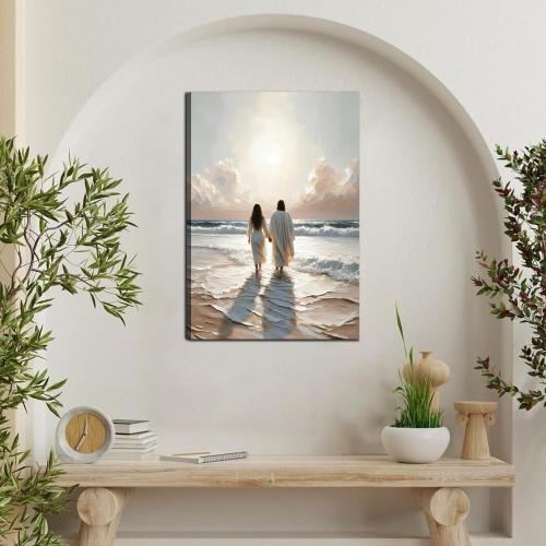 Jesus Canvas Wall Art Jesus Woman Walking on Water Wall decor pictures Religious Coastal Painting Christian poster prints for living room bedroom Home Decoration Ready to hang (24inx36in Canvas)