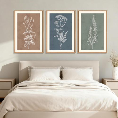HLNIUC Neutral Botanical Framed Wall Art Set, Boho Minimalist Plant Canvas Wall Decor, Vintage Leaf Wall Painting, Nature Floral Silhouette Art Print for Bedroom, Living Room, Study - 16”x24”x3