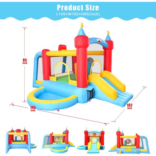 Inflatable Bounce House with Slide, Jumping Castle with Blower and Wave Pool, Basketball Rim, Football Goal