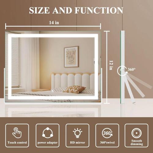 Gvnkvn Ligheted Vanity Mirror with Lights, 14 x 10 LED Makeup Mirror, 3 Modes Light, Smart Touch Control Dimmable, 360°Rotation, Rectangle White Frame