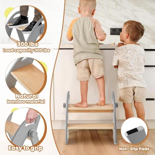 Wooden Step Stool, Two Step Stools, 300 lb. Load Capacity, with Safety Non-Slip Pads and Handles, Bamboo Step Stool for Bathroom and Kitchen, Children's Christmas Gift (Grizzly)