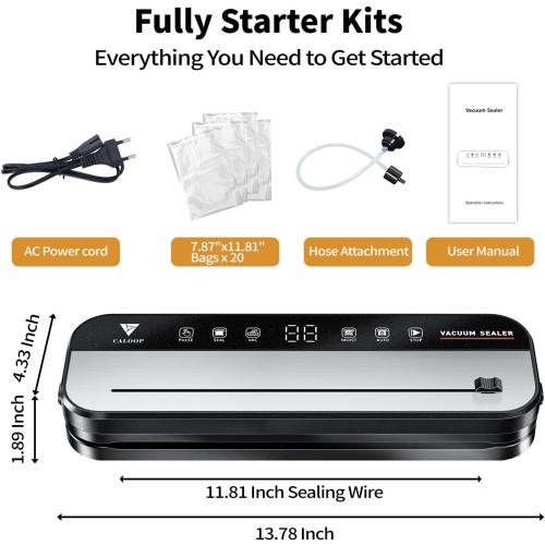 CALOOP Food Vacuum Sealer Machine with 20 Seal Bags, 80 Kpa Powerful Food Saver for Kitchen Storage, Dry/Moist Modes, Digital Countdown Timer, Compact Lightweight, Build-in Cutter