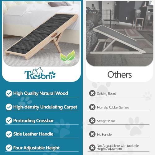 Tresbro Dog Ramp for Bed, 4 Level Adjustable 14.56'' to 24'' Dog Ramps with Anti-Slip Carpet & Carrying Handle, Portable Dog Ramp Supports up to 200LBS for Small Medium Large Dogs to Get on Bed, Couch