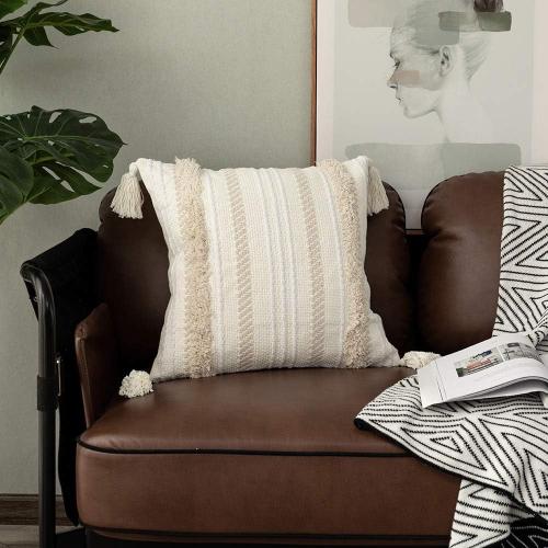 OJIA Boho Decorative Throw Pillow Cover, 20 x 20 Farmhouse Cute Pillowcase Minimalist Neutral Collection Cream White Tufted with Tassels Woven Square Cushion Cover for Sofa Couch Bedroom Living Room
