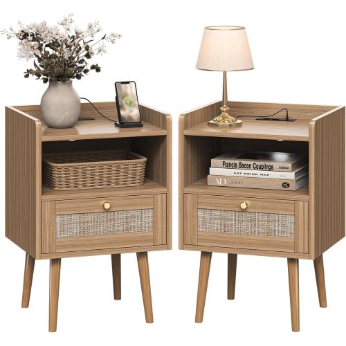 MECHYIN Night Stand Set 2, Nightstands Set of 2 with Charging Station, Rattan Side Tables with Solid Wood Legs, Boho Bedside End Table for Farmhouse Bedroom Dorm Small Space - Brown