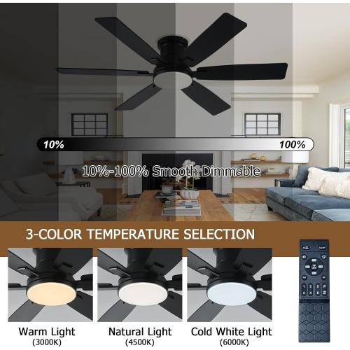 52 inch Black Ceiling Fans with Lights and Remote - Flush Mount Low Profile Ceiling Fan with Light, Reversible, 3CCT, Dimmable, Modern Indoor Ceiling Fan for Bedroom Living Room, Covered Patios