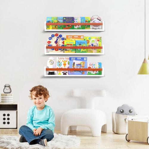 Set of 3 Size for 4 Color White Floating Wall Nursery Book Shelves for Bedrooms Kids 24 Inch White Wooden Baby Book Shelf for Kids Rooms Set of 3 Nursery Shelves for Wall Mounted Honey Stain Toddler Bookshelf for Kids Wall