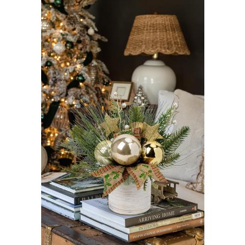 Hollyone Small Christmas Table Centerpiece 10' Artificial Mini Tabletop Christmas Potted Plant with Gold Ball Ornaments for Home Office Arrangement Centerpieces Indoor