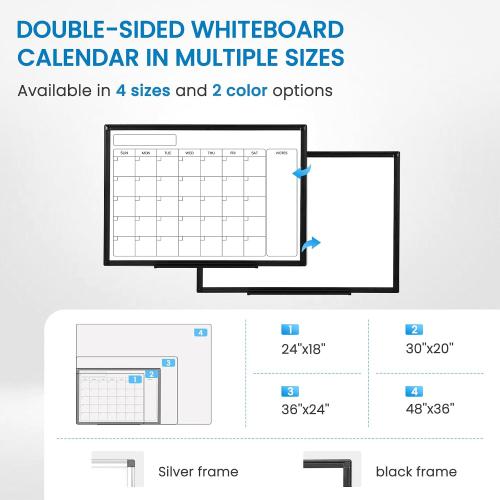 Whiteboard Calendar 36x24 Magnetic Dry Erase Board for Wall, Black | Monthly Calendar, Magnetic Wall Mount Hanging Board, Office Home School, Easy Clean Aluminum Frame, Complete Accessories Kit