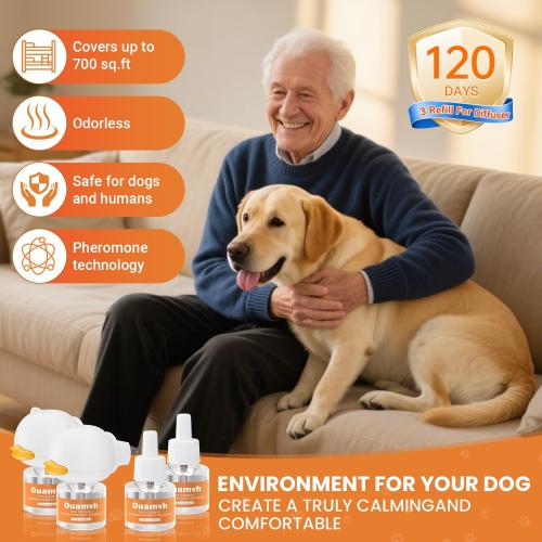 Dog Calming Diffuser, 6 in 1 Puppy Pheromones Calming Diffuser, Relaxing Pheromone Plug in Kit for Dogs Relief Stress Anxiety Fighting Scratching Peeing Accidents, 2 Diffuser 4 Refill(48ml)