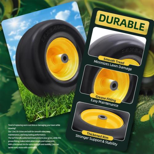 13x6.50-6 Lawn Mower Tires Flat Free with Rim Assemblies (2 Pack),Universal 13x6.5-6 Solid Smooth Rubber Zero-Turn Lawn mowers Tire,5.5-7.72”Centered Hub and 3/4 extra 5/8 1/2” Bushings
