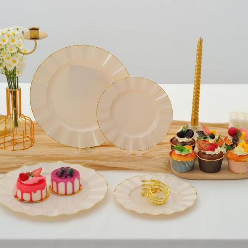 60Pcs Heavy Weight Ivory Plastic Plates with Gold Trim, Heavy Duty Wedding Plates, Elegant Disposable Plate Sets include 30 10 Dinner & 30 7 Dessert Plates for Party & Wedding(30 Guests)