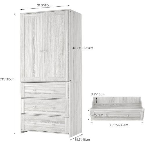 Armoire Wardrobe Closet with Drawers Gray Oak and Mirror, Clothing Storage Cabinet with Hanging Rod, 2 Doors Wooden Wardrobe Cabinet for Bedroom, Large Capacity Storage