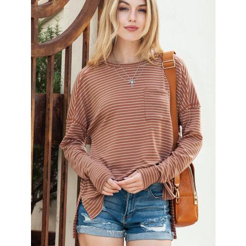 Women Small Fashion Striped Shirt Casual Fall Long Sleeve Tees Slim Fit Boat Neck Blouses Tops with Pockets