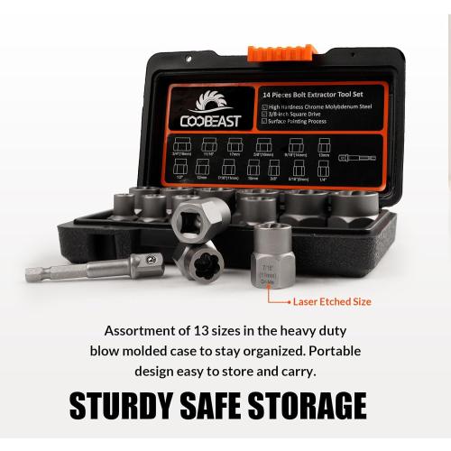 Bolt Extractor Set Heavy Duty, 13Pcs Bolt Extractor Kit with 3/8 Inch Adapter, Stripped Lug Nut Remover, Easy Out Bolt Remover Set for Rusted, Rounded, Damaged Nuts Screws