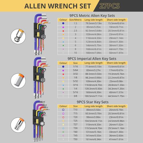 AMTOVL 27PCS Allen Key Set, Metric & SAE Allen Wrench Set, Extra Long Ball & Star End Hex Keys with T-Handle & Color Coding for Bicycle, Household DIY
