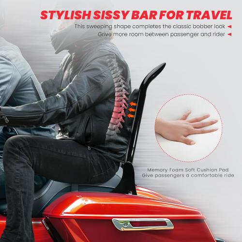 09-25 One-Piece Passenger Backetst Sissy Bar Fits Harley Street Glide Road Glide Electra Glide Road King Electra Models, Gloss black