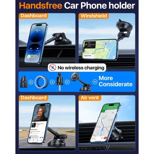 HTU 2025 Upgraded for Magsafe Car Mount [80LBS Strongest Suction & Military-Grade] Powerful Magnetic Cell Phone Holder for Car Dashboard Windshield for iPhone 16 15 14 Pro Max Mini (Black)