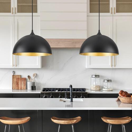 Black Pendant Lights Kitchen Island 2 Pack, 14 Inch Large Dome Pendant Light, Black and Gold Farmhouse Pendant Light, Island Pendant Lights for Kitchen, Dining Room