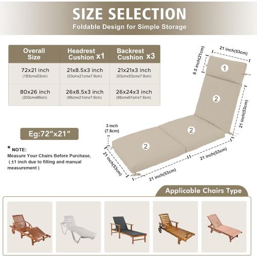 Chaise Lounge Cushion 72x21x3 Inch ?Set of 4 Outdoor Lounge Chair Cushions, Lounger Pad Replacement with Fade-Resistant, Removable & Machine-Washable Covers, Ideal for Patio Chaise Chairs, Cream