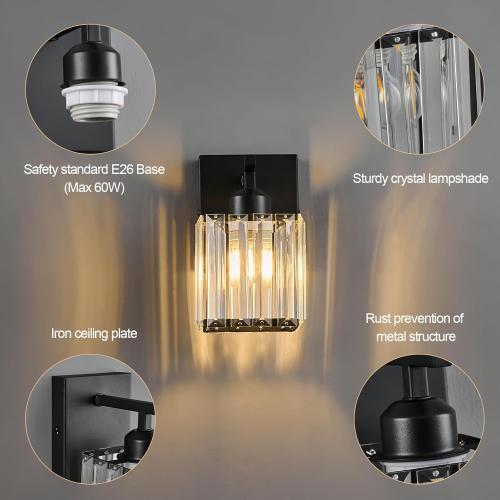 Modern Wall Sconce Set of Two Indoor Wall Lamp Black Wall Sconces Crystal Wall Light Bathroom Vanity Light Fixtures Wall Mounted Room Sconce Wall Lighting
