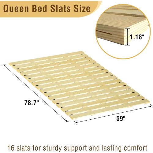 Japanese Tatami Mat Floor Bed, Knotless Solid Wood, Roll-Up Slatted Bed Plate with 2 Storage Straps, Moisture-Proof and Breathable for Floor Sleeping or Futon Mattress, Queen