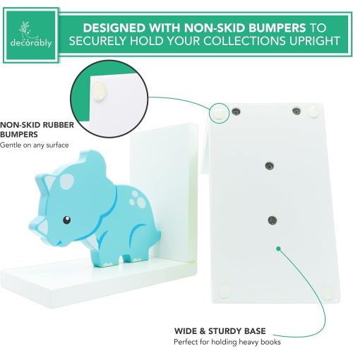 Decorably Dinosaur Book Ends for Shelves - 1 Set Non-Skid Wooden Dinosaur Book Holder, Kids Bookends for Shelves, Baby's Nursery, Classroom