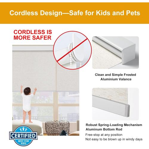 Size 34x 64 Color Brown Persilux Free-Stop Cordless 100% Blackout Roller Window Shades for Home, Natural Woven Fabric UV Protection Privacy Roller Shades for Windows Blinds for Sliding Glass Doors, Bedroom, Cream 34W x 64H