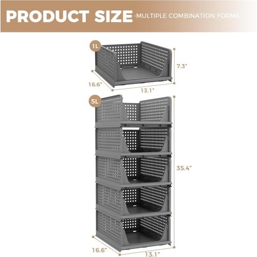 Pack of 5 Color Black Pinkpum 5 Pack Folding Closet Organizers - Stackable Plastic Drawer Basket for Clothing, Shelf Storage Container for Closet, Wardrobe, Bedroom, Bathroom, Office (Black)