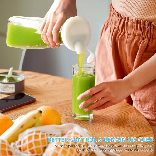 Glass Carafe, 1 Liter Carafe for Mimosa Bar, 4 Pcs, Square Pitcher with Lid and Spout, Drink Dispenser for Parties, Cold Water, Milk, Juice Container, Tea, Wine, Cocktails (6 Lids & 1 Spout)