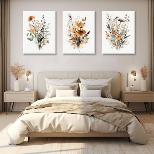 Bwodke Framed Wildflower Wall Art Colorful Botanical Floral Poster Canvas Prints Set of 3 Minimalist Watercolor Flower Pictures Vintage Farmhouse Decor Painting Bedroom Bathroom Living Room 16x24