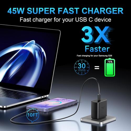60W USB C Super Fast Charger Type C Charger Fast Charging Android Phone Charger Block with 10FT Type C Charging Cable for Samsung Galaxy S26 Ultra/S26/S26 /S25/S25 Ultra/S25 /S24 Ultra/S23 Ultra/S22